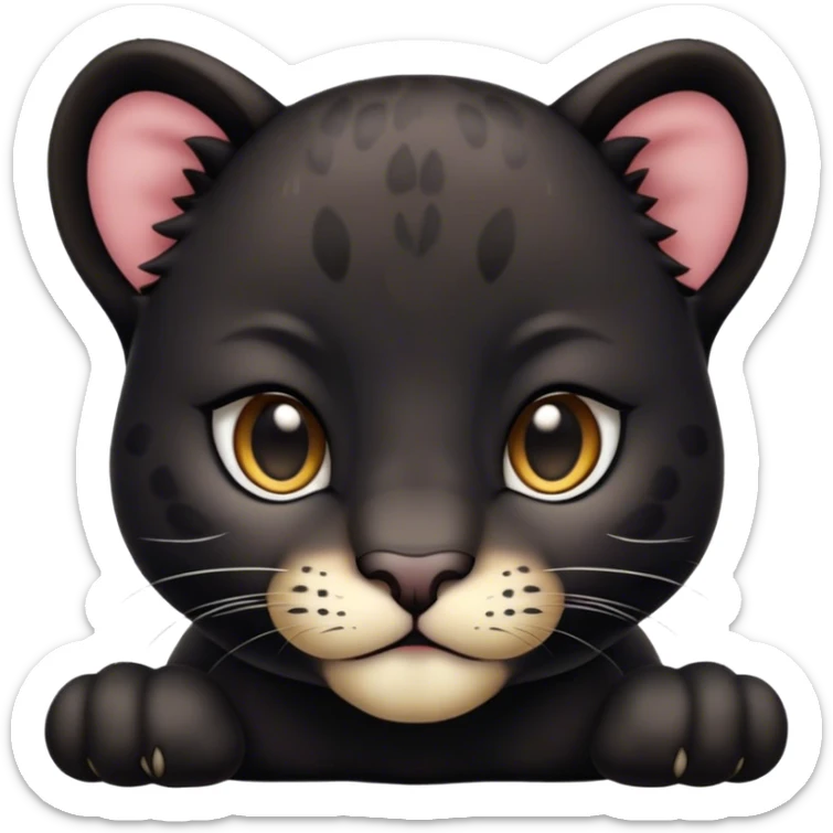 Cinematic Noble Baby Panther Portrait Emoji, Poised with a touch of regal innocence, featuring a compact, sleek build with soft, dark fur and large, soulful eyes, Simplified yet sharp and sophisticated features, highly detailed, glowing with a gentle, mysterious glow, high shine, intelligent and endearing, stylized with an air of youthful authority, focused and attentive, soft glowing outline, capturing the essence of a tiny jungle guardian that appears ready to pounce out of the screen with effortless charm! sticker