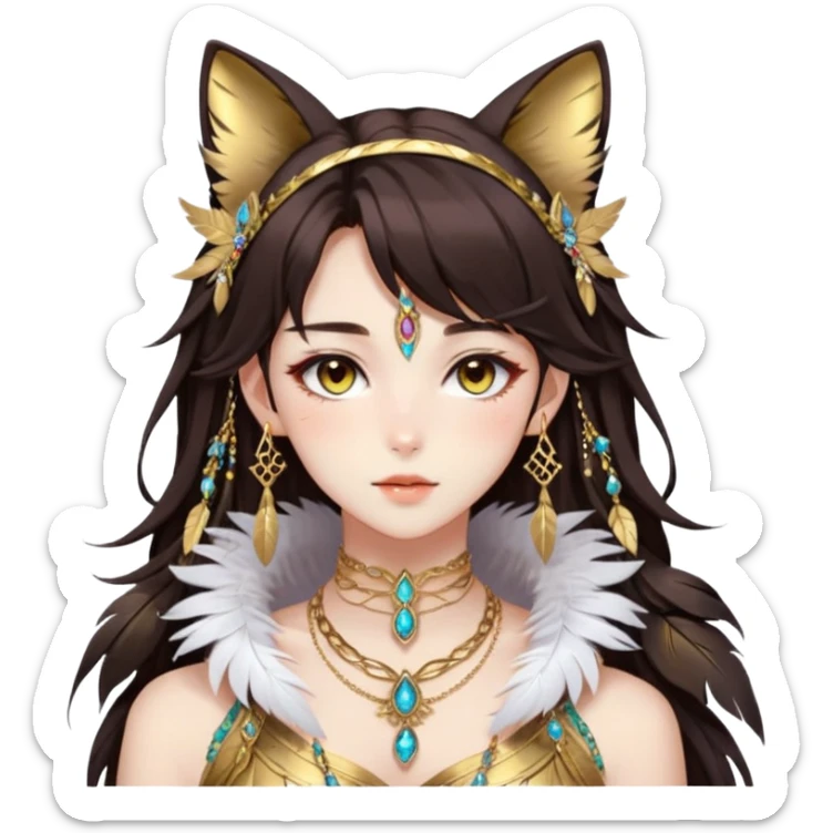 Beautiful gorgeous anime lady with beautiful dark-brown-special-hair, fashion aesthetic, ethereal, feather, accessories, gold jewelries, gold, colorful, feline ears sticker