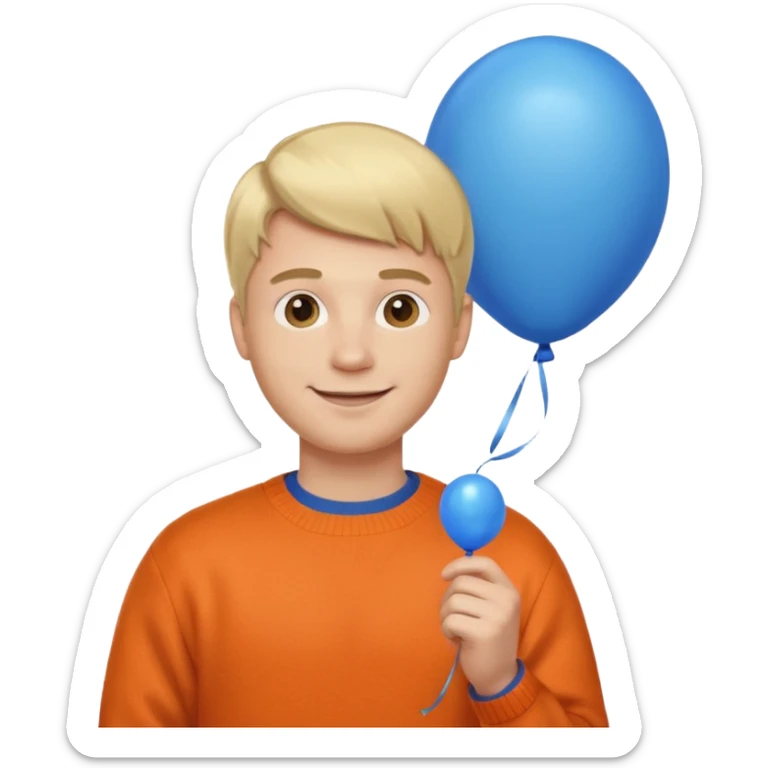 white skin, blonde hair man, orange sweater, hold blue balloon sticker