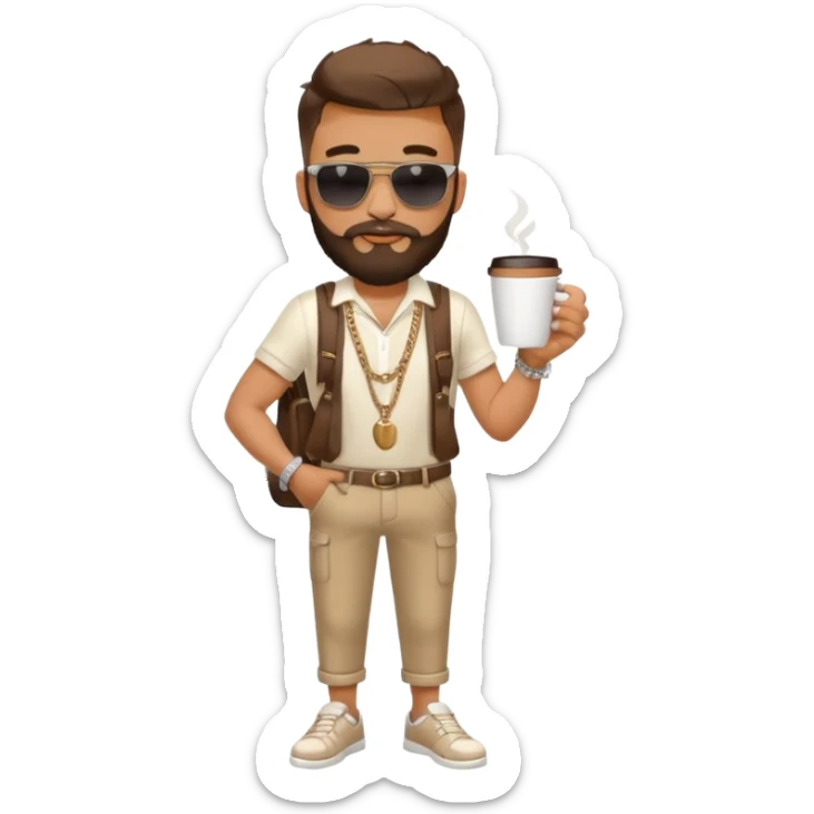stylish bearded male traveler with coffee cup on hand, cool sun glasses with chain strap, white shoes, sticker