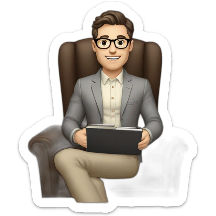 Pale skinned Fit Man With dark brown hair in gray jacket, beige office shirt, Brown pants and vintage glasses sitting In a soft chair with a notebook with emblem Ψ and a pen in his hands sticker