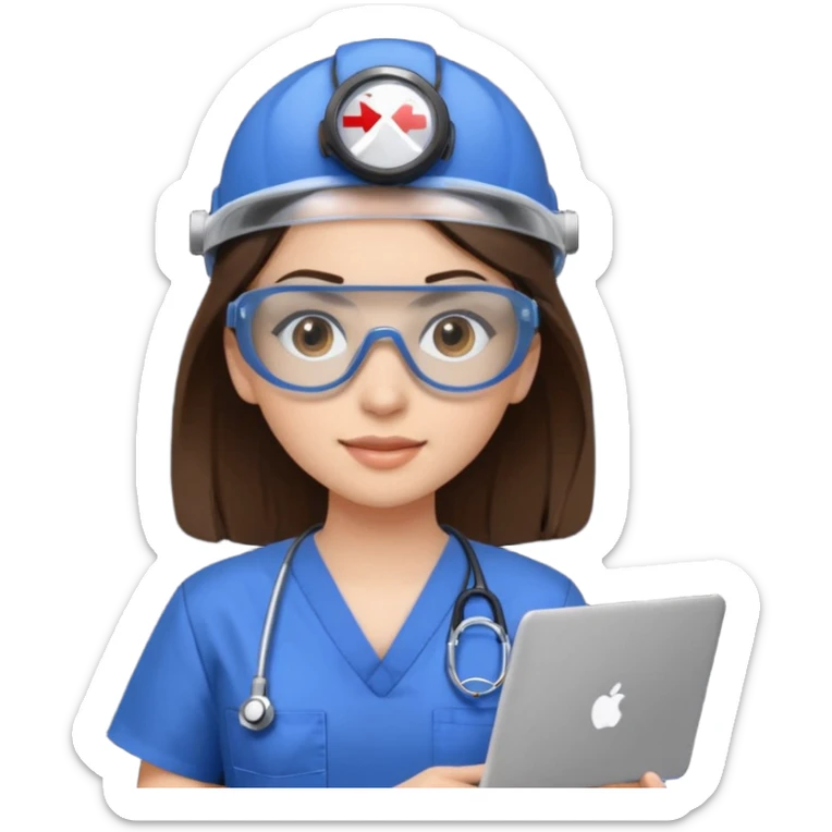 i need a brunette young woman in blue scrubs with brown eyes fair skin with safety goggles on and a laptop for research  healthcare research no safety helmet sticker