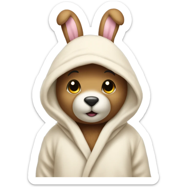 teddy bear that’s wearing a cream bunny dressing gown with the hood up and on the hood there is bunny ears sticker