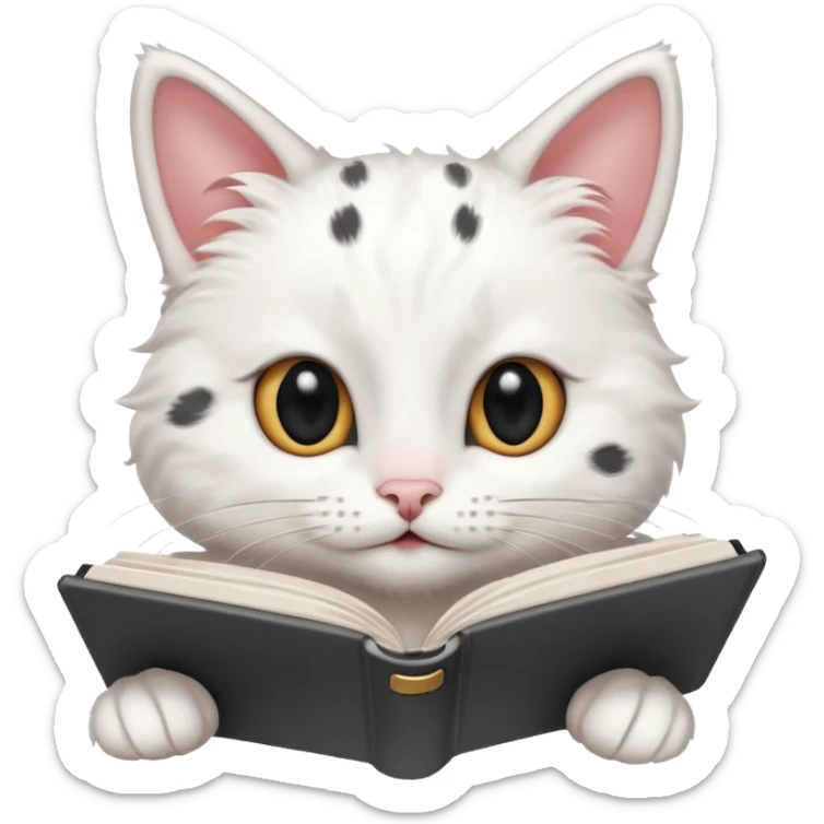  gatita blanca con manchas negras en los ojos feliz en viendo una libreta anillada  sticker