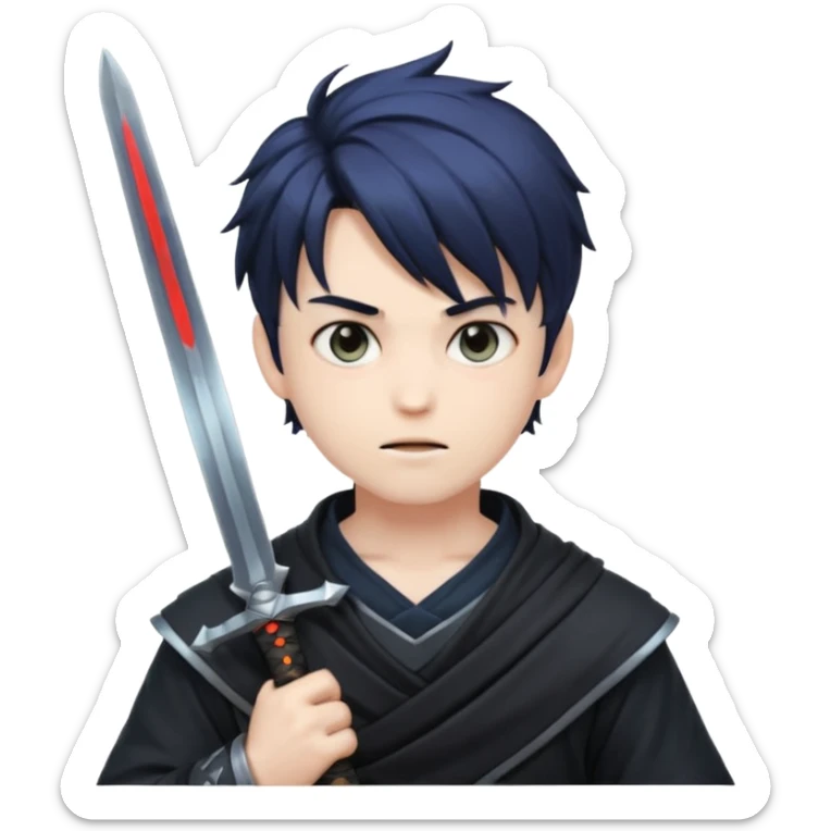 Way cooler with aura very aura and shadow on his face and adult face body Create me an anime character boy emoji looking very cool with swords on his hand sticker
