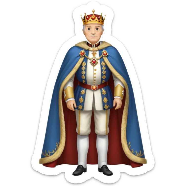 Full body of elderly, thin Carlos I of Spain with brown hair, Habsburg king standing in royal attire with crown, cape, and prominent jaw sticker