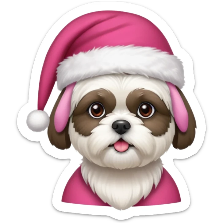 one little white all over shih tzu dog with pink santa hat and one mostly white with black havanese dog wearing a red santa hat sticker