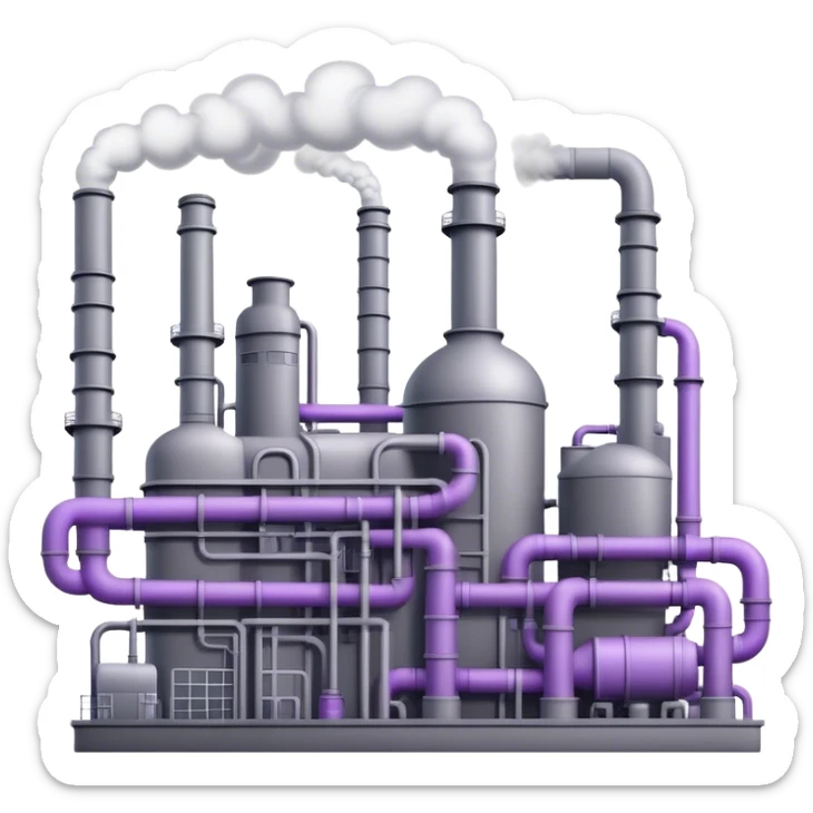 An emoji of an industrial factory in realistic gray tones, with pipes and smokestacks. Instead of smoke, soft neon violet energy or light particles flow out sticker