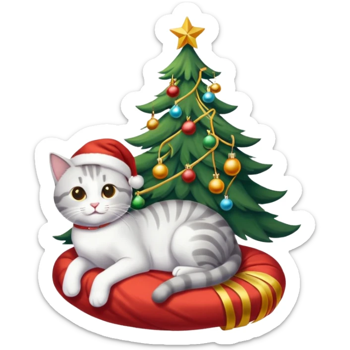 grau weiße Katze im geschmückten Weihnachtsbaum mit Lametta um sich rum und unten liegen ein paar Weihnachtskugeln sticker