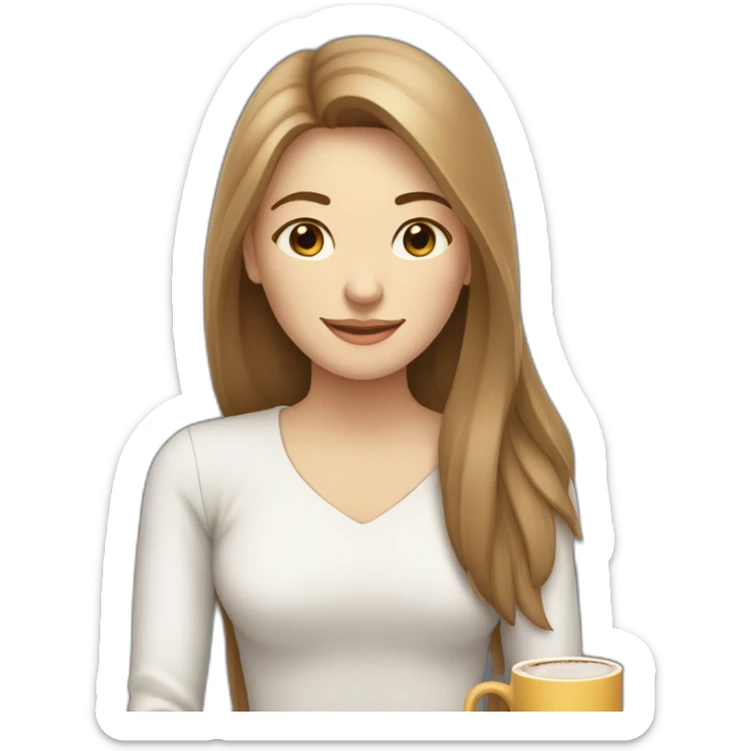 eyes closed smiling woman pale skin middle brown long straight hair with a closed laptop and a coffee mug sticker