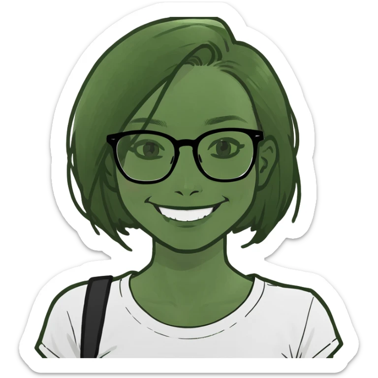 Long black hair girl in a light white T- shirt and black square glasses smiling studying with an Ipad sticker