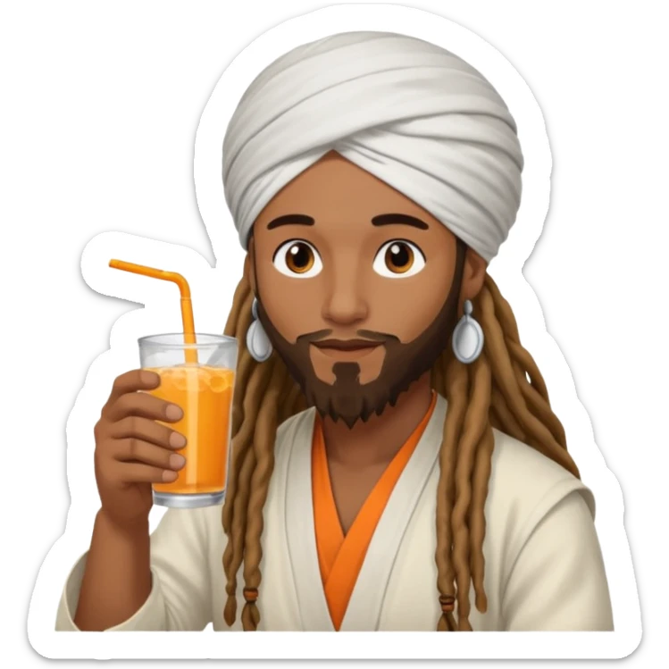 Brownskin man with long dreadlocks add a white turban on his head orange shirt drinking  sticker