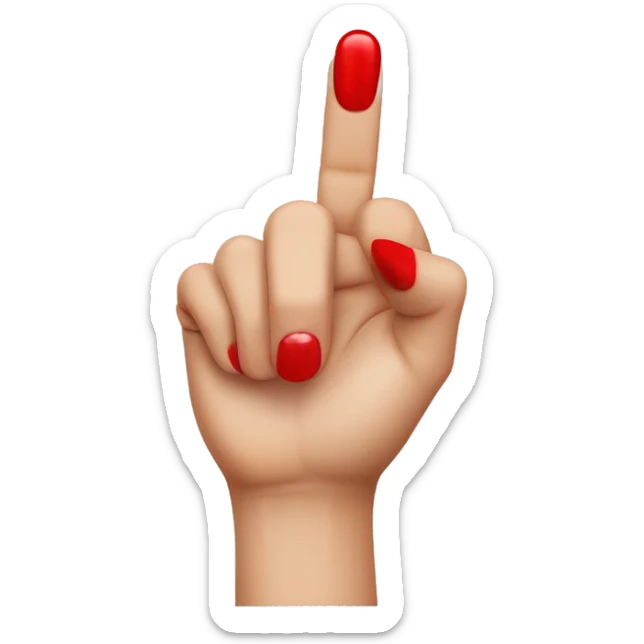 woman hand pointing index finger, red nail varnish. back of the hand visible sticker