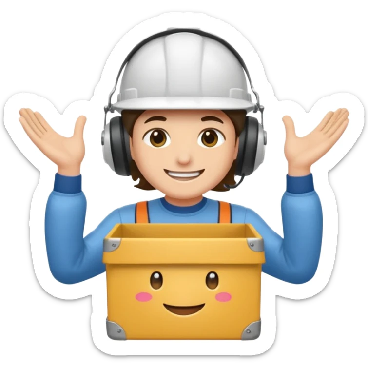 Tengo que dar una capacitacion de orgonomia, necesito un emoji de un operario con casco blanco y delantal blanco de manga larga que levante una caja cerrada con las dos manos a la altura de los hombros sticker