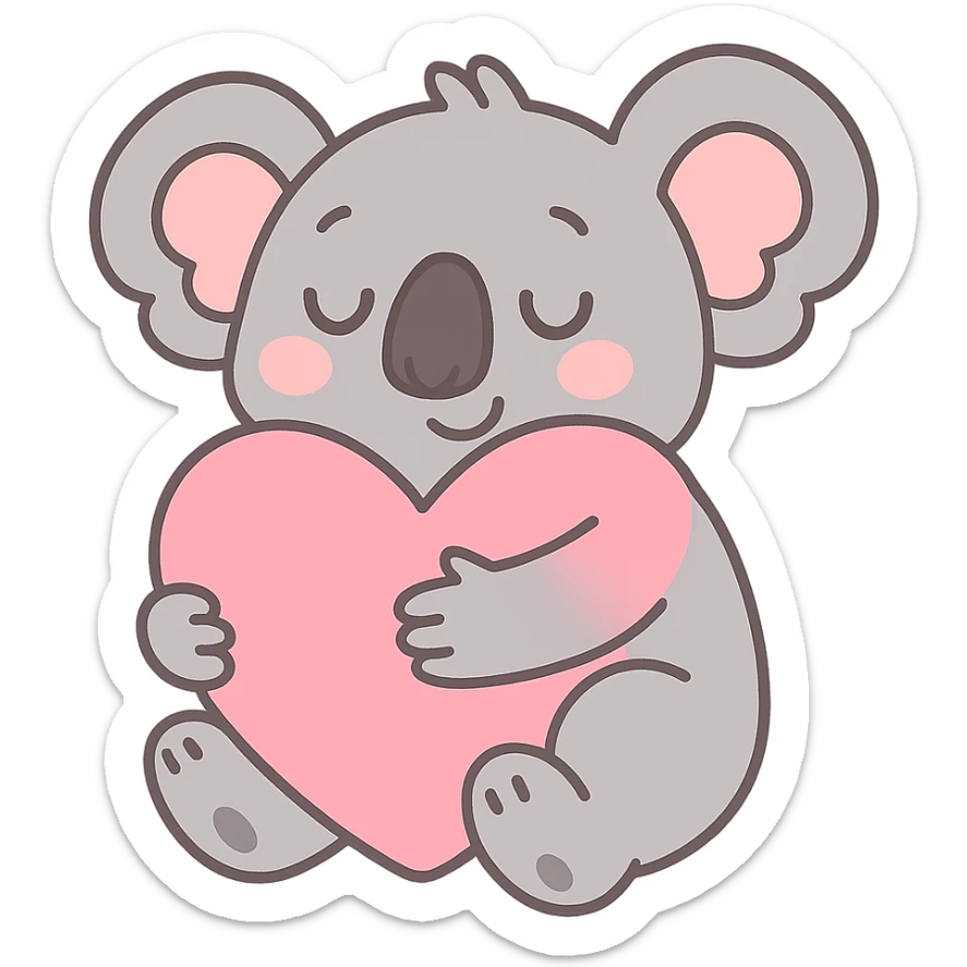 cartoon koala hugging a big pink heart, gentle pastel colors, pastel toon style sticker
