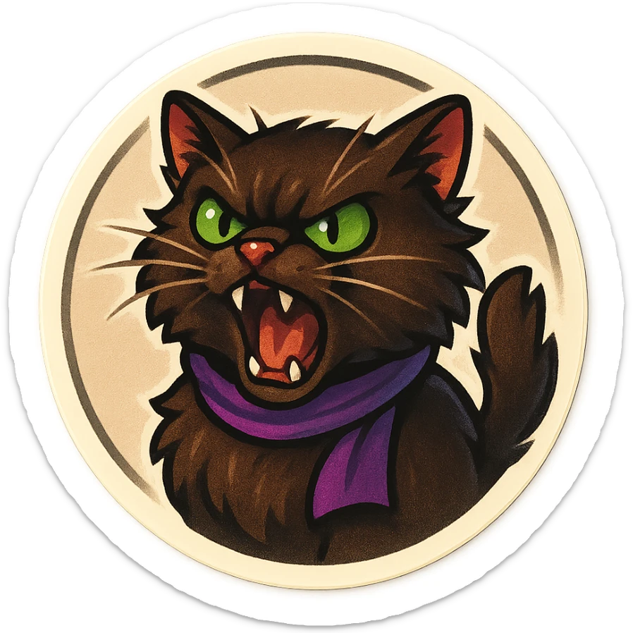 Fluffy angry livid screaming hissing cute dark-brown cat with green eyes and a purple scarf  sticker