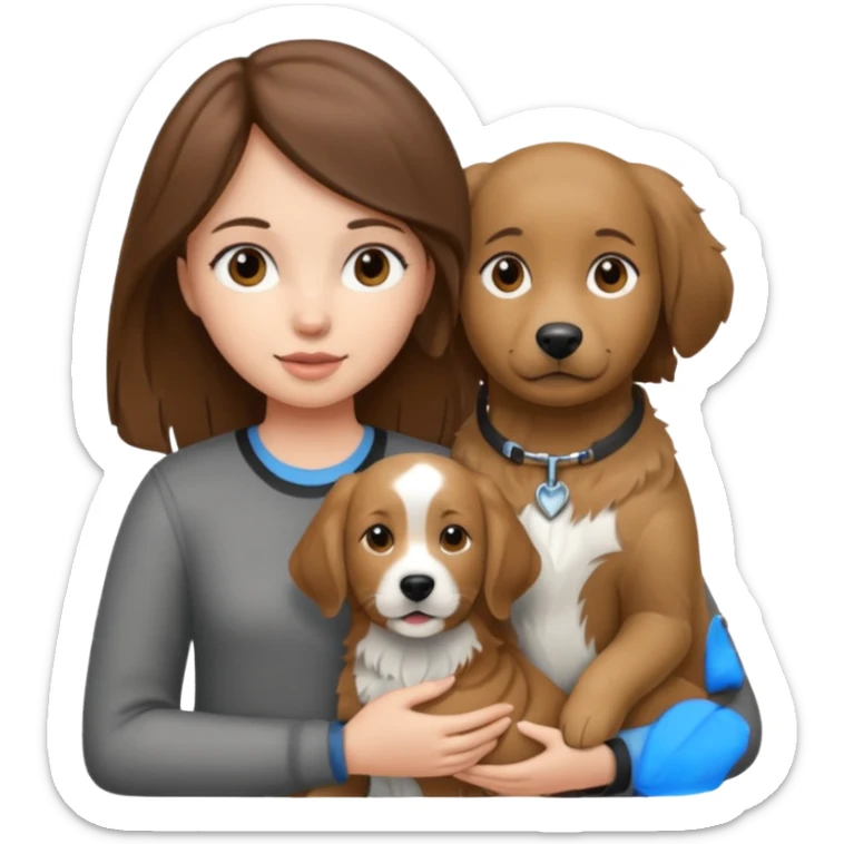 Girl with brown hair holding grey white and black golden retriever dog sticker