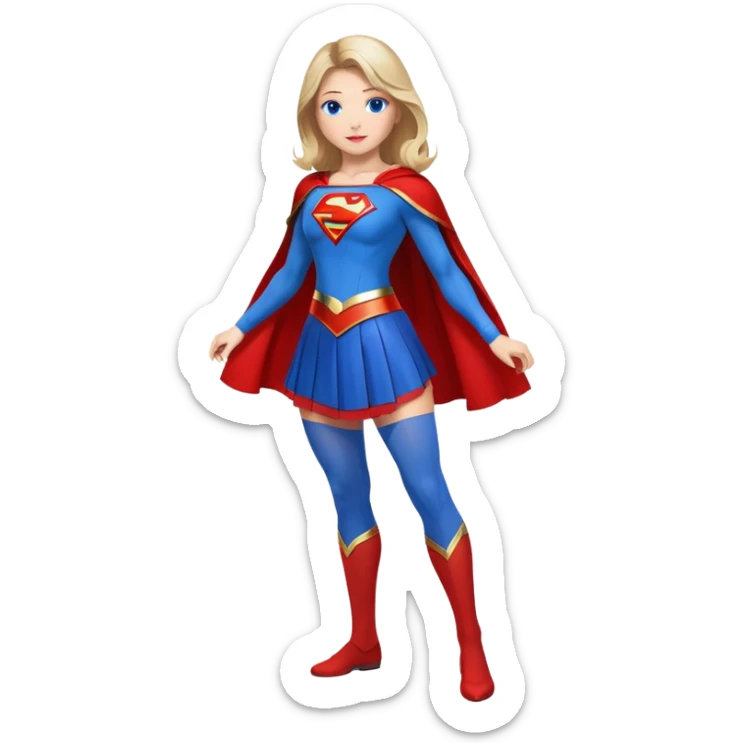 Supergirl superhero full body, blue tights with red skirt, red cape and S emblem on chest sticker