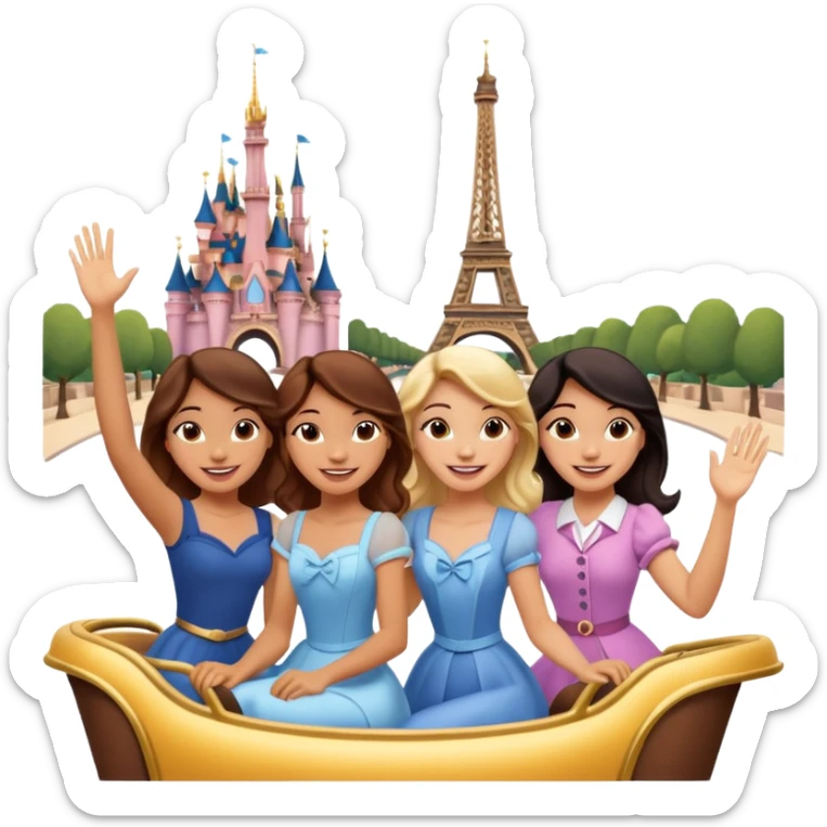 quatro chicas montadas en una atraccion de Disney paris levantando la mano sin el castillo detrás ni nada sticker