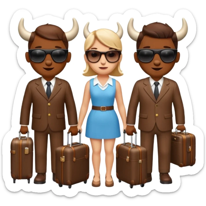 generate an emoji of a group of up to 8 male and female bulls travelling together on holidays. Include sunglasses and suitcases sticker
