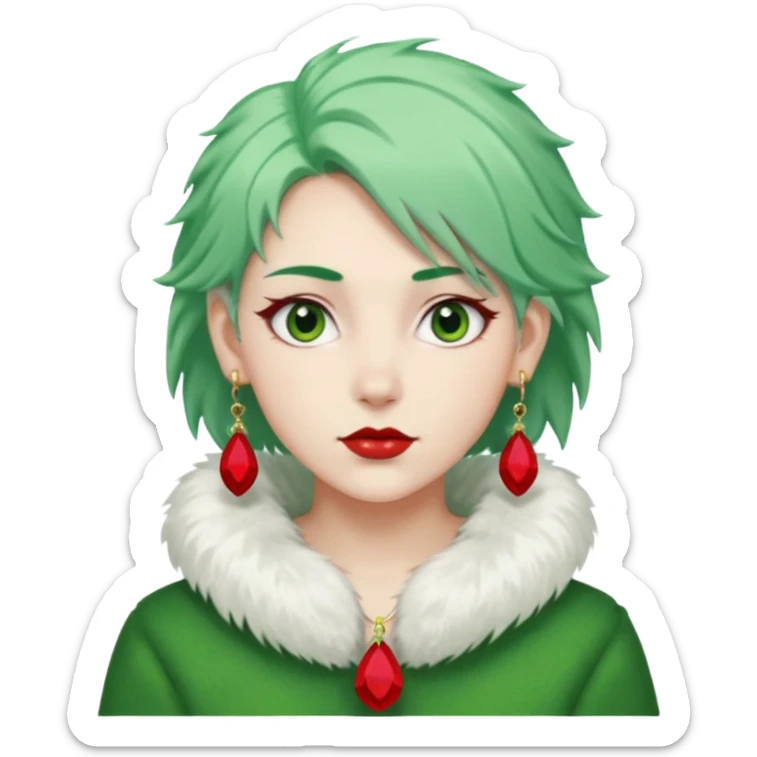white furred unicorn with green hair and big red earrings looking into camera sticker