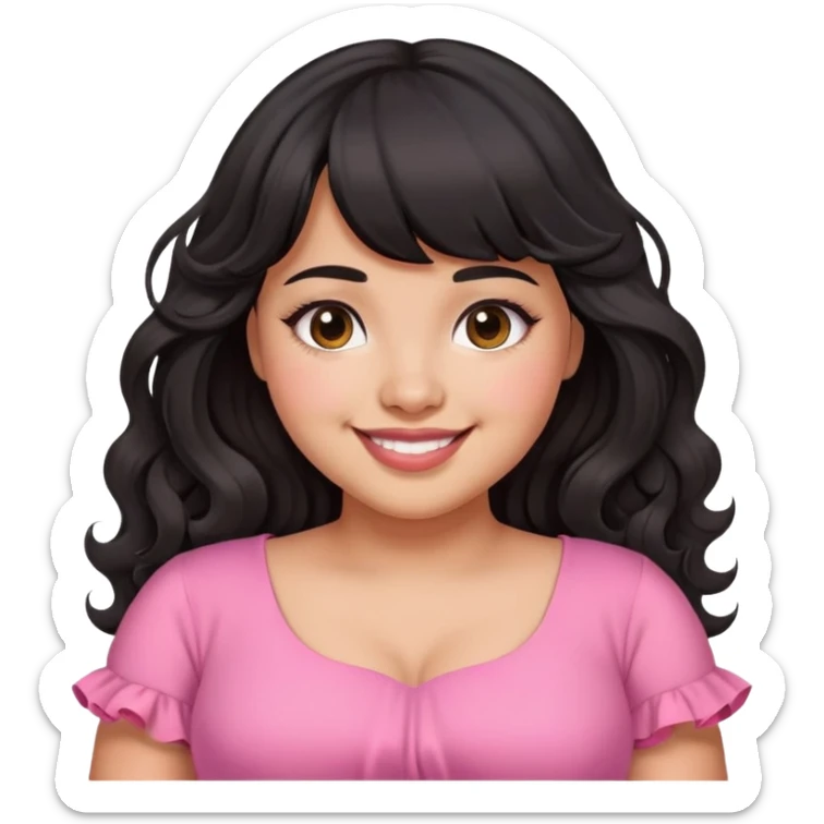 Latina girl with bangs black long wavy hair plus size with a pink dress in love sticker