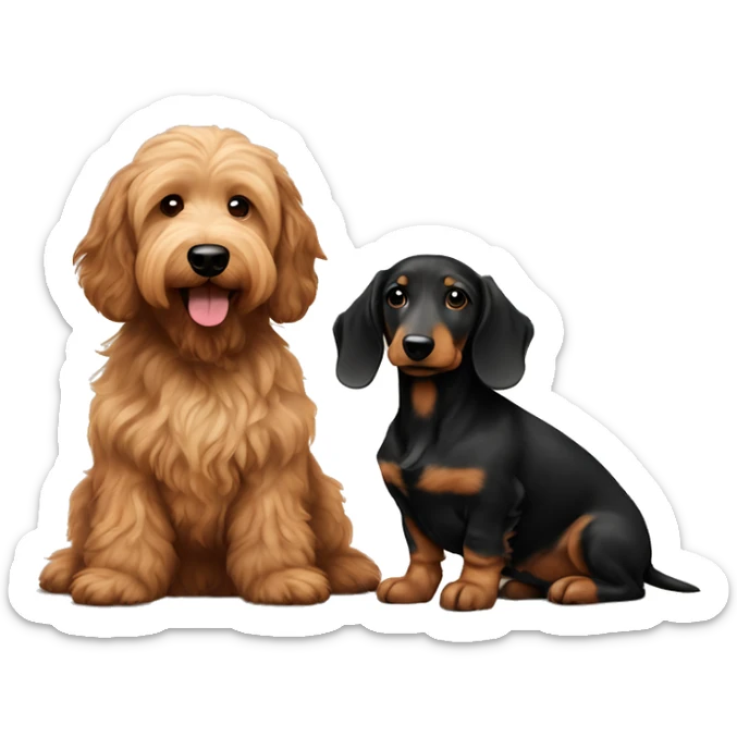 Brown golden doodle and black and tan and cream longhair dachshund sitting together  sticker