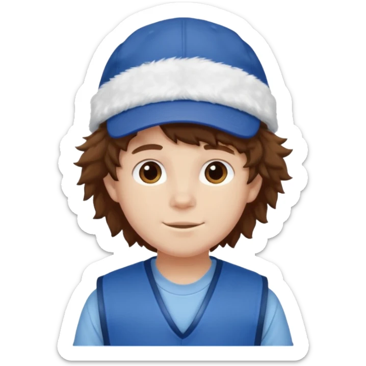 brown fluffy hair kid with blue and white cap dark blue jilet red t shirt sticker