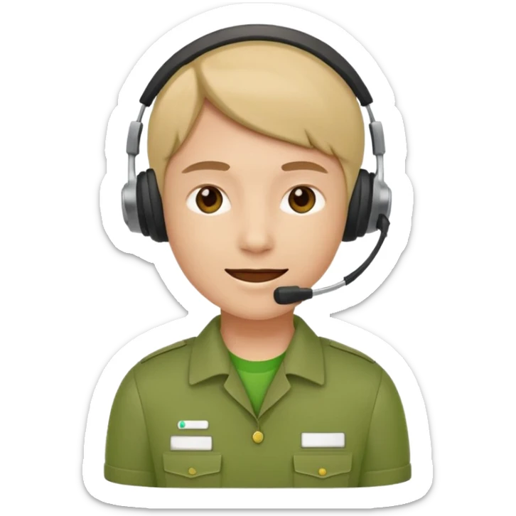 Modern flat emoji of a call center employee in a green uniform with a headset, friendly expression, minimalist design, bright colors, white or transparent background. sticker