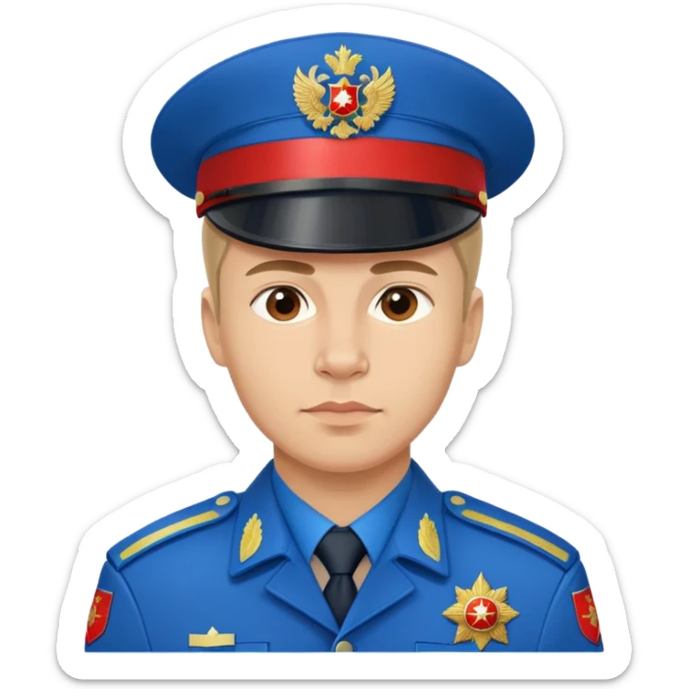 Russian police officer with blue uniform and traditional peaked cap with red band sticker