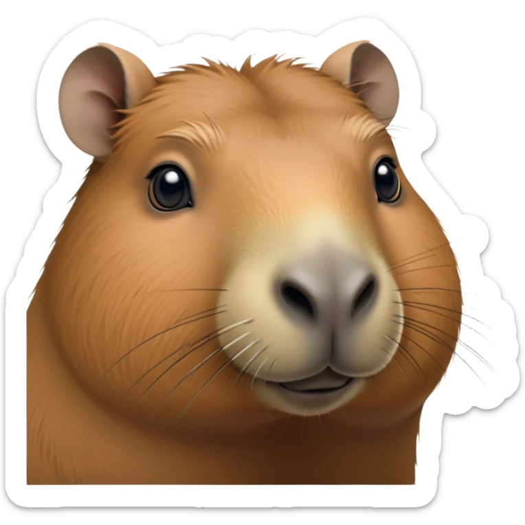 Cinematic Noble Capybara Portrait Emoji, Poised and serene, with a robust, rounded build and a characteristically broad, slightly flattened capybara face featuring a short snout and small, rounded ears, covered in soft, earthy fur with subtle natural texture and gentle, wise eyes; rendered in lifelike detail with natural light, high shine, intelligent and calm, styled with an air of understated authority, focused and attentive, soft glowing outline, capturing the essence of a watchful and confident capybara that appears ready to step out of the screen with effortless dignity! sticker