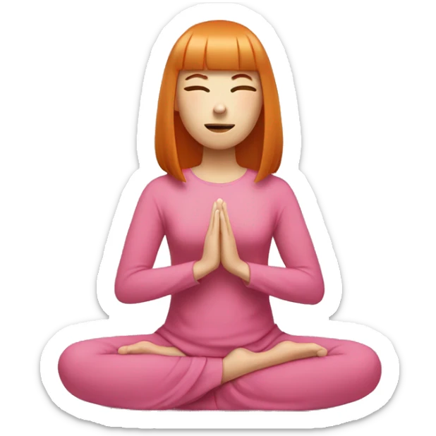 ginger girl, white face, with shoulder lenght straight hair with bangs wearing pink sitting in meditation sticker