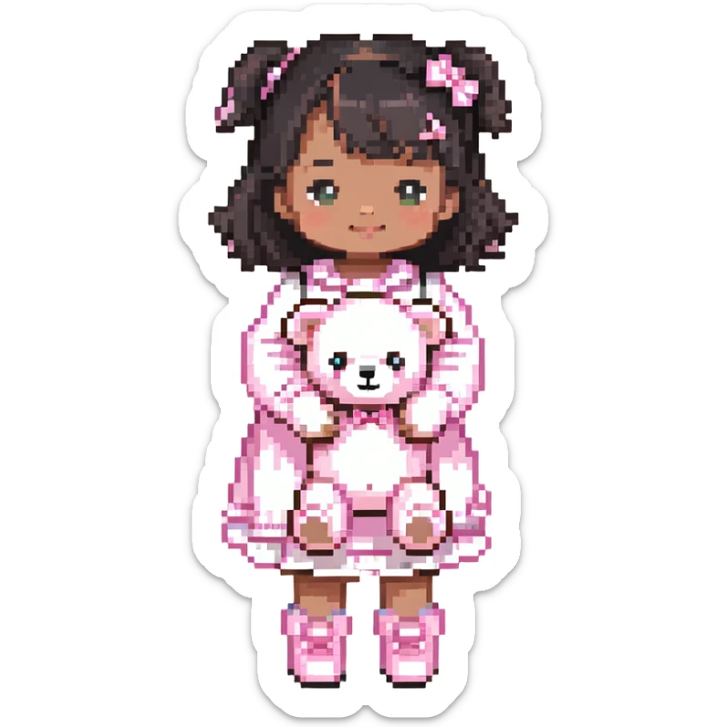 cute toddler girl with pastel pink clothes holding a pink teddy bear sticker