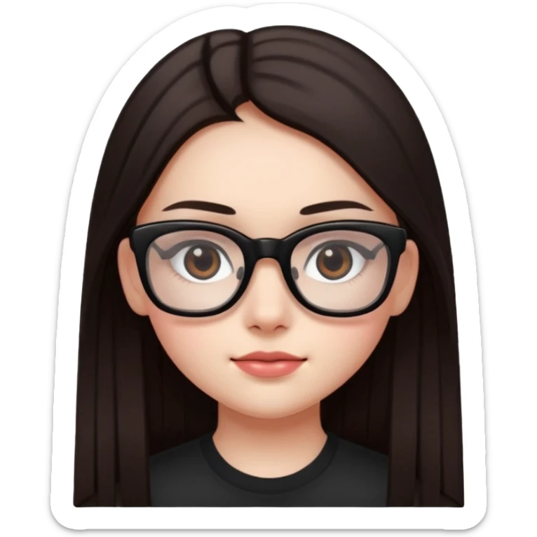 une ado, brune aux cheuveux tres fonces longs lisses blanche, ,lunettes carres noires, yeux bruns fonces joues rose sticker