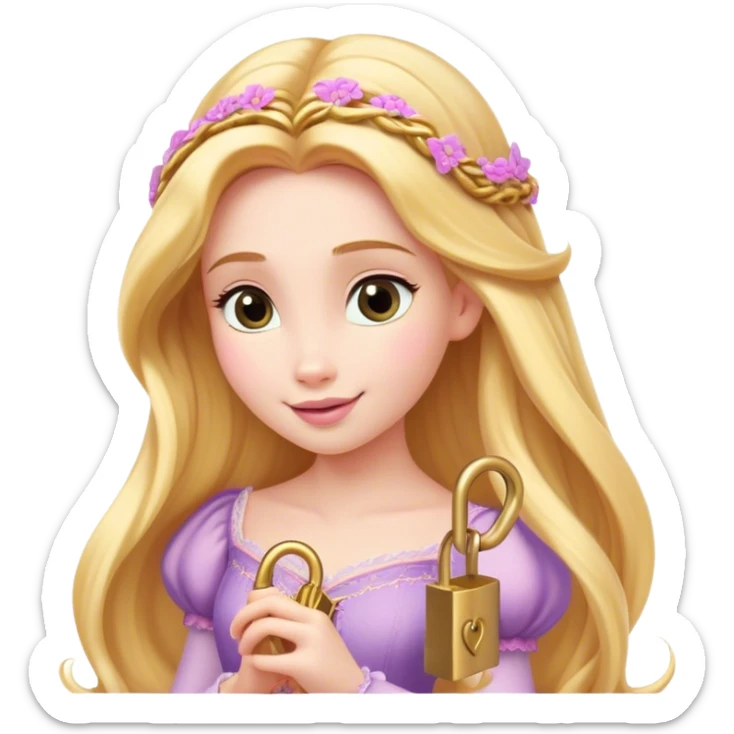 Cinematic Elegant Rapunzel Portrait Emoji, Twirling a lock of her golden hair, dreamy expression, soft pink lips curving into a gentle smile, delicate yet mesmerizing, a princess with a heart full of adventure and beauty! sticker