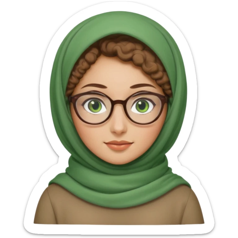 iranian woman, tight curly light brown hair in one high pony tail, glasses, green eyes, pretty, oval shape face sticker