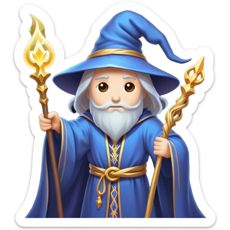 Clash of Clans aesthetic: Cinematic heroic powerful Wizard Hero Emoji, rendered in a 3D vector-style similar to standard emojis with minimal shading and bold, simplified shapes. A compact, isometric figure draped in flowing enchanted robes and wielding a mystical staff, softly glowing with an arcane magical charm. Simplified yet unmistakably iconic, highly detailed and consistent, glowing with a soft radiant glow and high shine. Stylized with a touch of whimsical sorcery and a soft glowing outline, capturing the essence of a powerful wizard ready to cast spells with a friendly, playful spirit! sticker