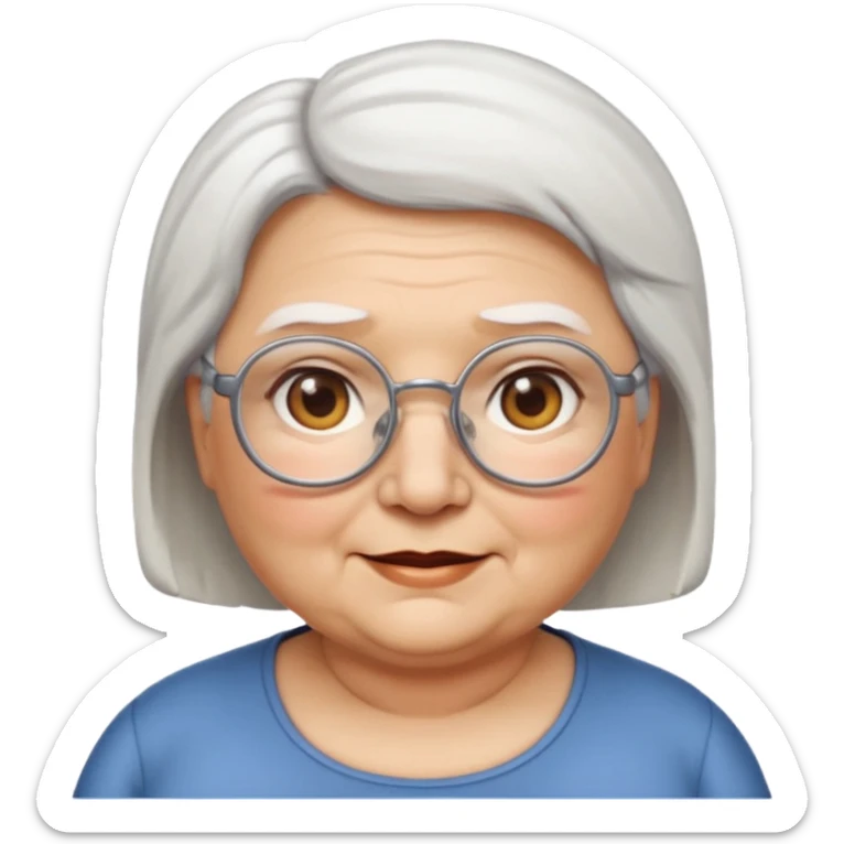 Create me emoji of an old fat lady. Short white hair to left side. Square glasses. Brown eyes. Rounded really big and really wide face. Wide nose.  sticker