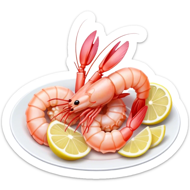 Cinematic glistening shrimp, pink and juicy, slightly curled with a light char, served with lemon wedges, ultra-detailed and fresh, warm glowing background. sticker