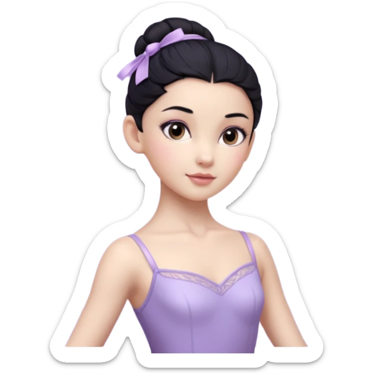 Cinematic Realistic ballerina Light Purple Portrait, depicted with lifelike skin texture, subtle rosy undertones, and soft natural lighting that enhances the gentle contours of her face. Her intricately detailed sweet black hair is elegantly styled, sticker