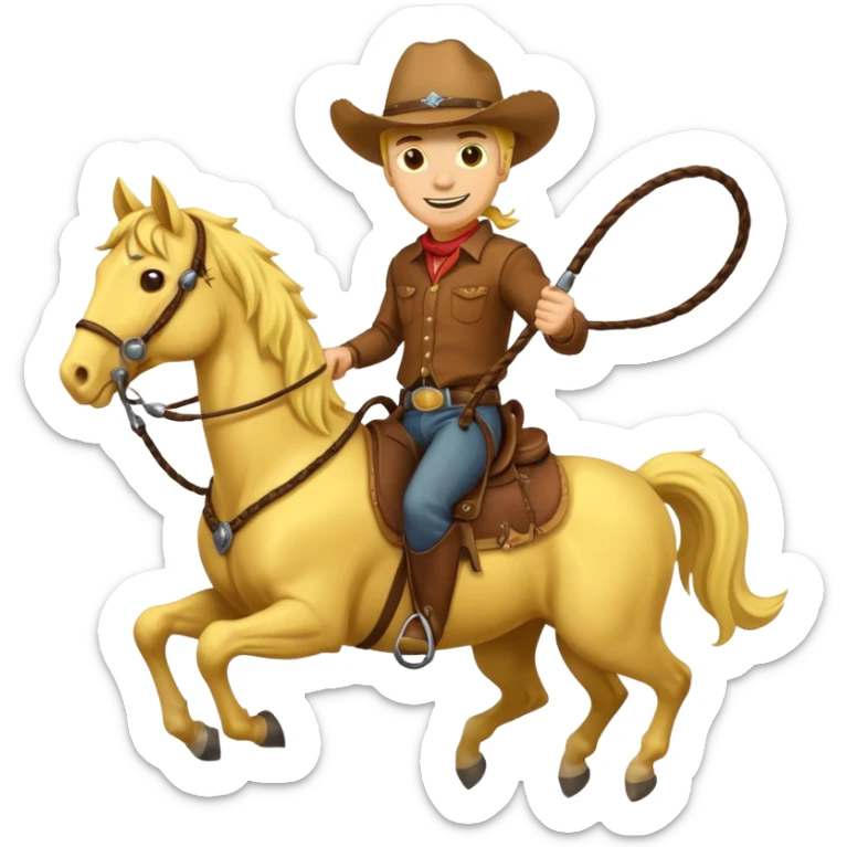 Cowboy riding a horse with whip. Cowboy With yellow skin and smilling. Simplize it and I need a full pic with horse. Like I need the leg part too sticker
