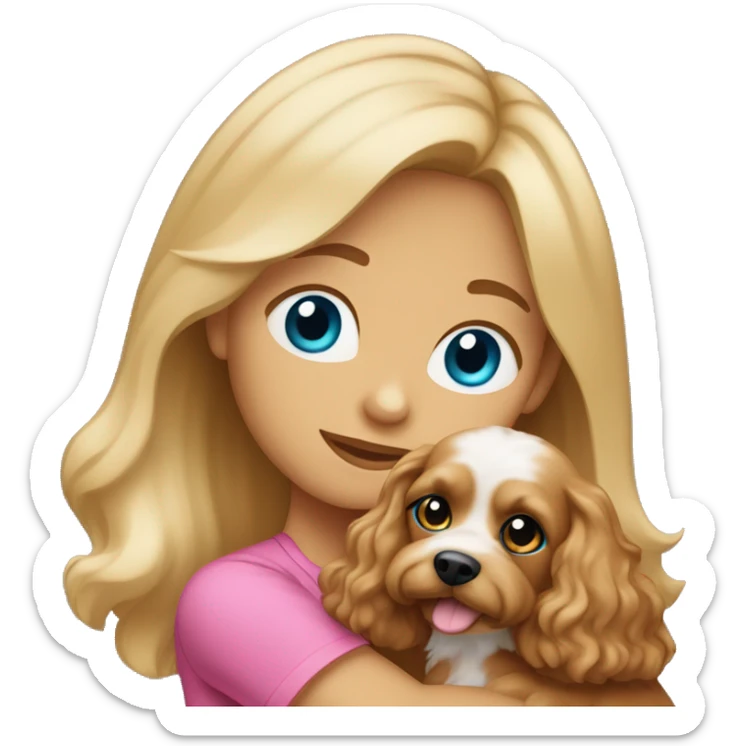 White dark blond girl with long hair and blue eyes wearing a pink shirt and hugging a cavapoo dog sticker