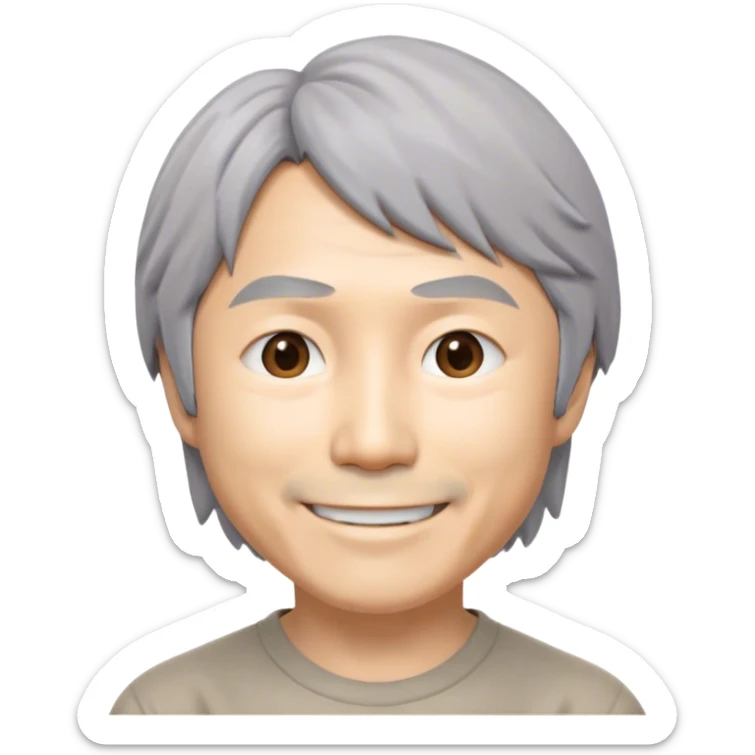 ​Cinematic Realistic Portrait of a Smiling Shigeru Miyamoto, depicted with warm, approachable features, gentle grey-tinted hair, and kind, expressive eyes, set against a subtle backdrop hinting at iconic video game imagery, rendered with lifelike textures and soft, inviting lighting that captures his innovative spirit, sticker