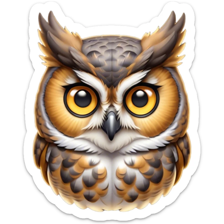 Cinematic Cute Great Horned Owl Portrait Emoji, Head tilted playfully and inquisitively, featuring a lush mottled Fur with intricate patterns of gray and white, round, sparkling golden eyes filled with curious wonder, Simplified yet irresistibly adorable features, highly detailed, glowing with a warm, friendly glow, high shine, affectionate and wise, stylized with a touch of nocturnal whimsy, bright and endearing, soft glowing outline, capturing the essence of a mischievous yet loving owl, so playful it feels like it could glide out of the screen and perch in your arms! sticker