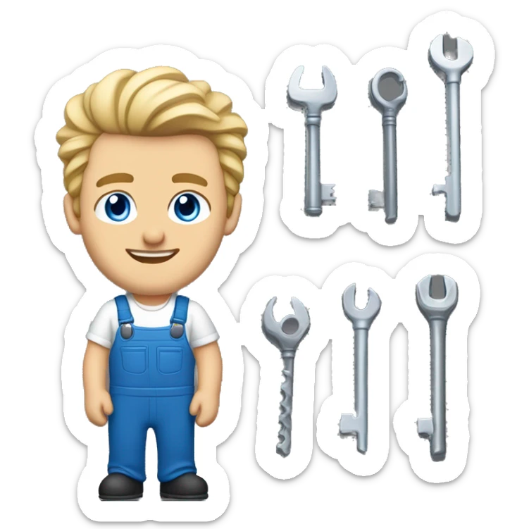  car mechanic, midlle age white men with smile, blodne hair, blue eyes, key in hand, sport cup  sticker