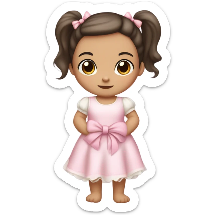 Little Baby Girl with light white skin, brown eyes. Dark hair in two ponytails, with light pink bows.  She is wearing a light pink and White dress, standing and holding a teddybear with a pink bow. Only showing up to her waist sticker