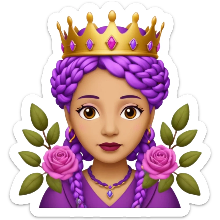 Crown Olive skin older queen with purple braids, brown eyes surrounded by roses sticker