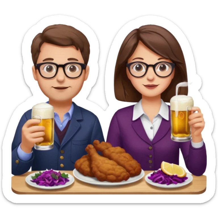 German man with glasses and brown hair and woman with glasses and brown hair eating schnitzel, red cabbage, potatoes, and drinking a beer sticker