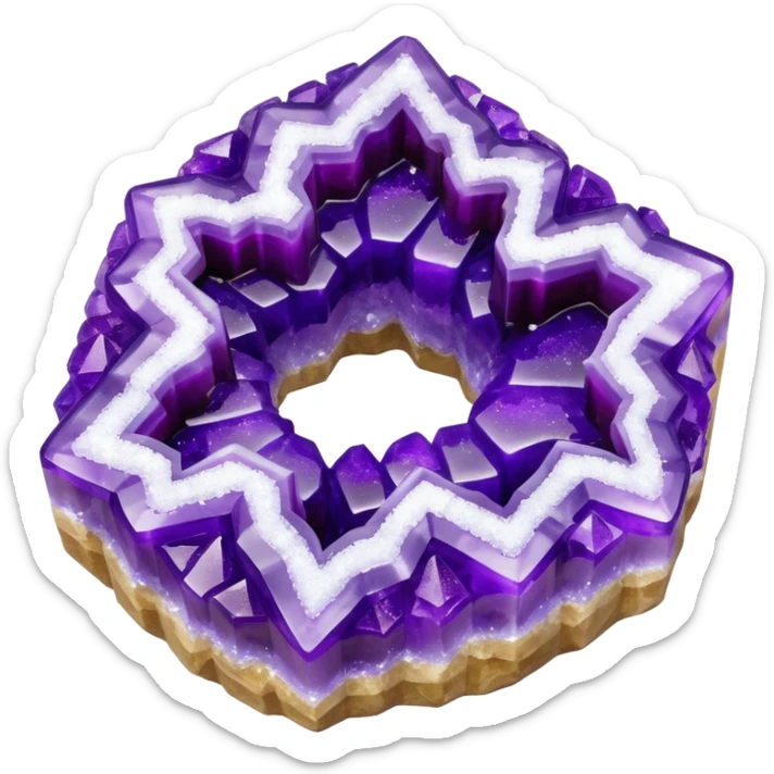 3D render of Rock Candy Geode, made entirely of dessert materials, glistening sugar crystal texture, jagged translucent purple sugar crystals, delicious confectionery aesthetic, Apple emoji style, isolated on white background --v 6.0. sticker