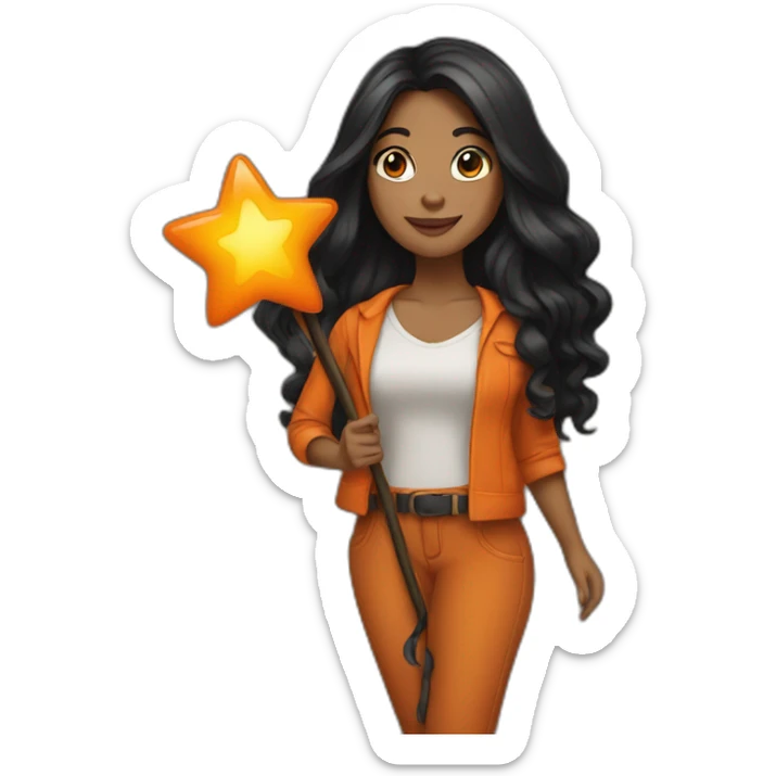 brown woman holding a orange star wand long black hair full length sticker